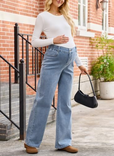 BLENCOT Women Wide Leg Elastic Waist Maternity Jeans with Pockets - color: Sky Blue, size: Medium