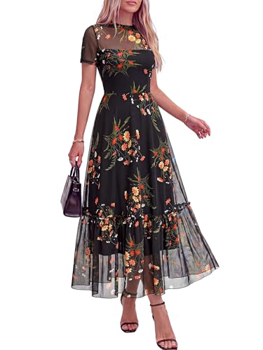 BTFBM Womens Mesh Ruffle Boho Cocktail Dresses - color: Floral Black Yellow, size: X-Small