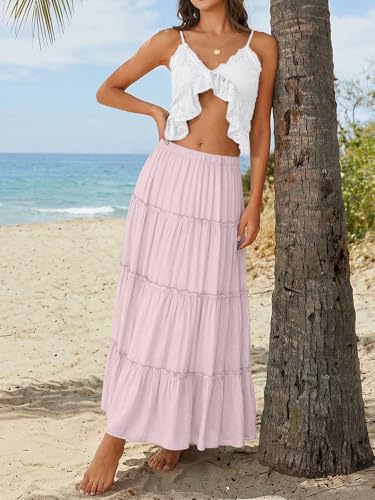 Trendy Queen Maxi Skirts for Women Boho Skirt with Pockets Summer Outfits - color: Pink, size: Small