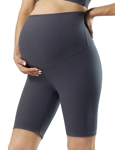 POSHDIVAH Ribbed Maternity Biker Shorts for Women 5"/8" - color: Grey 8", size: Large