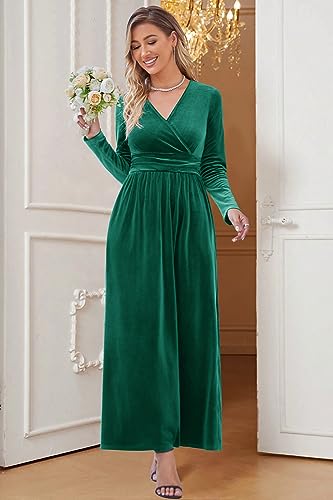 OUGES Women's Warp Pockets Maxi Fall Winter Cocktail Formal Dress 2026 - color: G-velvet Green, size: Small