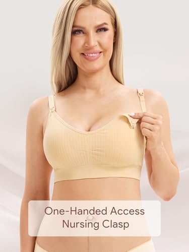 Angelhood Ribbed Nursing Bras 5 Pack Wireless V Neck Maternity Nursing Bra - color: Black/Grey/White/Nude/Burgundy, size: Medium