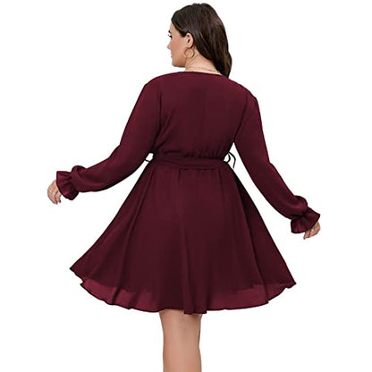 SCOMCHIC Women's Plus Size Long Sleeve Wrap V Neck A Line Mini Dress - color: Burgundy, size: 4X-Large Plus