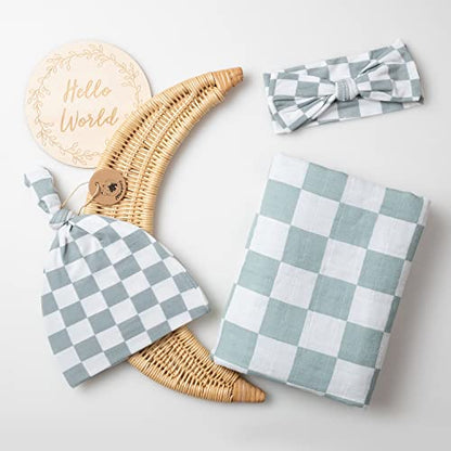 Miaoberry 100% Organic Muslin Swaddle Set| Sage Green Checkered - color: Checker Sage