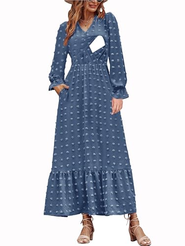 CzzzyL Women Nursing Boho Maxi Dress Swiss Dot Smocked with Pockets - color: Blue, size: Medium