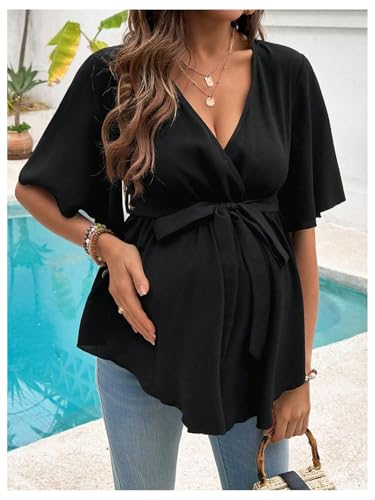 MakeMeChic Women's Maternity Nursing Blouse Wrap Belted Pregnancy Shirt - color: Black, size: Large