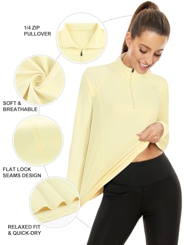 LURANEE Womens UPF 50+ Long Sleeve 1/4 Zip Pullover Athletic Hiking Running Workout Tops - color: Light Yellow, size: Small