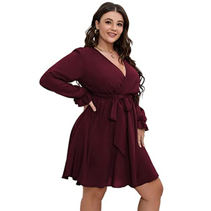 SCOMCHIC Women's Plus Size Long Sleeve Wrap V Neck A Line Mini Dress - color: Burgundy, size: 4X-Large Plus