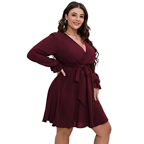 SCOMCHIC Women's Plus Size Long Sleeve Wrap V Neck A Line Mini Dress - color: Burgundy, size: X-Large Plus