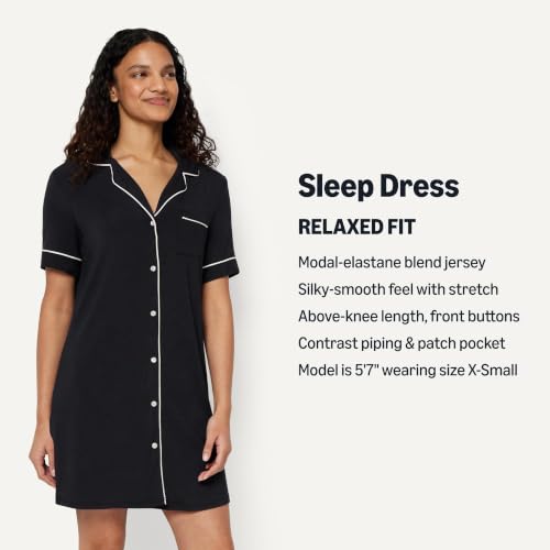 Amazon Essentials Women's Modal-Blend Nightgown, Short Sleeve Button-Down - color: Black, size: Medium