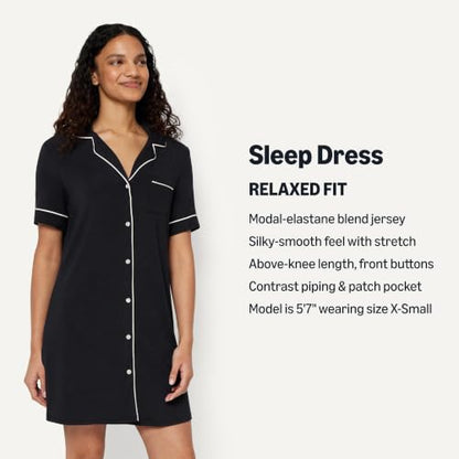 Amazon Essentials Women's Modal-Blend Nightgown, Short Sleeve Button-Down - color: Black, size: Large