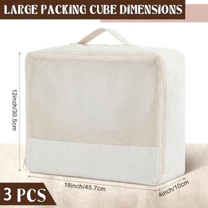Shinymoon 3 Set 100% Cotton Packing Cubes 18"x12"x4" Mesh Beige - color: Beige, size: 18"x12"x4", style: Mesh