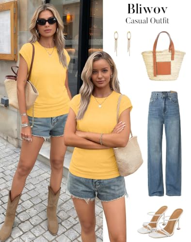 Bliwov Womens Summer Tops Cap Sleeve Crew Neck Casual T Shirts - color: Yellow, size: Medium