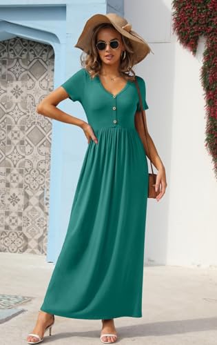 GRECERELLE Womens Summer Long Maxi Dresses 2026 Short Sleeve V Neck Casual Button Dress with Pockets - color: Emerald Blue, size: Large