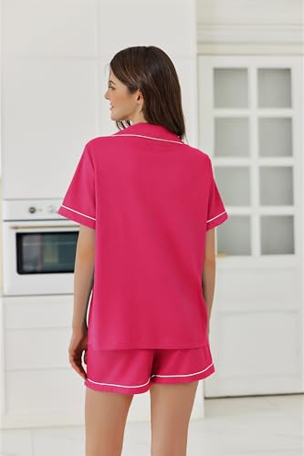 Ekouaer Womens Waffle Knit Pajama Sets Soft Short Sleeve Button Up Pjs - color: Rose, size: XX-Large