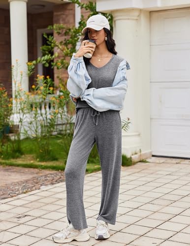 Ekouaer Fall Pajamas for Women Set Long Sleeve V Neck 2 Piece Lounge Sets - color: Grey, size: Medium