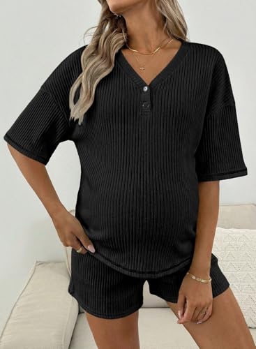 BLENCOT Maternity Pajamas Nursing Set Shorts Pregnancy Pj Sets - color: Black, size: Large