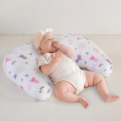 U-Shape Breastfeeding Nursing Pillow Set, 1 Insert and 2 Removable Covers - color: Pink & White Animals Party