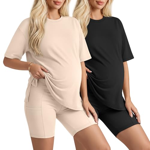 Huukeay 2 Pack Women Maternity Set Pregnancy Outfits - color: Apricot, Black, size: XX-Large