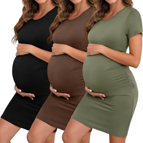 Riyiper 3 Pack Womens Maternity Short Sleeve Dresses - color: Black, Coffee, Army Green, size: Large