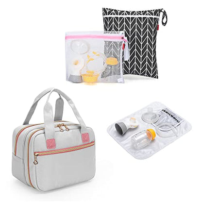 Damero Wearable Breast Pump Bag and Pump Parts Bag with Mat Bundle
