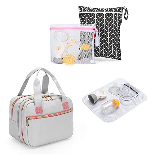 Damero Wearable Breast Pump Bag and Pump Parts Bag with Mat Bundle