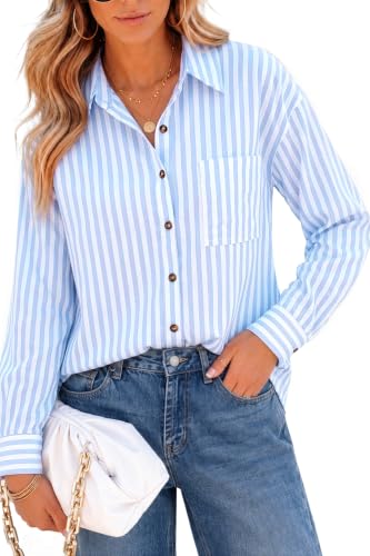 CHYRII Women's Striped Button Down Long Sleeve Blouse - color: Blue, size: XX-Large