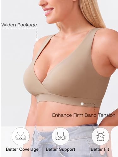 Nursing Bra for Breastfeeding Wireless V Neck Sleep Bra - color: Beige, size: Large