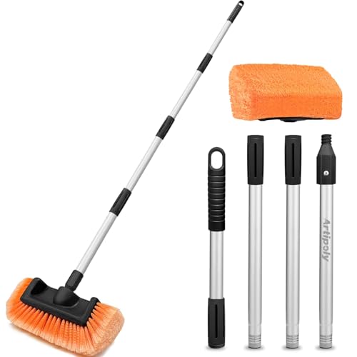 ARTIPOLY 65" Five-Sided Car Wash Brush with Extension Pole, Car Wash 12" Dip Soft Five-Sided Brush, No Scratch Car Cleaning Brush Supplies for RV Boat Truck SUV, House Siding, Snow - color: Orange, size: 12" brush 65" pole