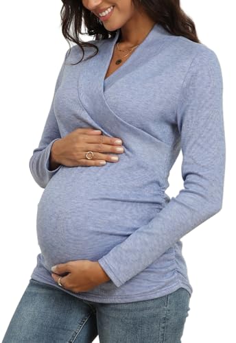 Nursing Top Cross V Neck Ruched Long Sleeve Maternity Shirt - color: Blue, size: XX-Large