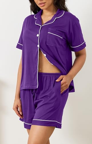 Vopmocld Women Pajama Shorts Sets Cozy 2pcs Button Down Sleepwear Solid PJS - color: Bright Purple, size: Small