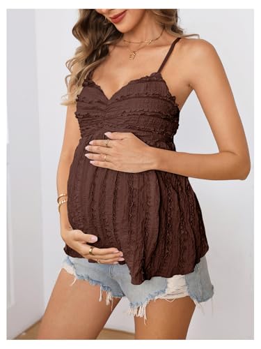 MakeMeChic Women's Maternity Babydoll Tank Tops Peplum Ruffle Cami Top - color: Coffee Brown, size: Medium