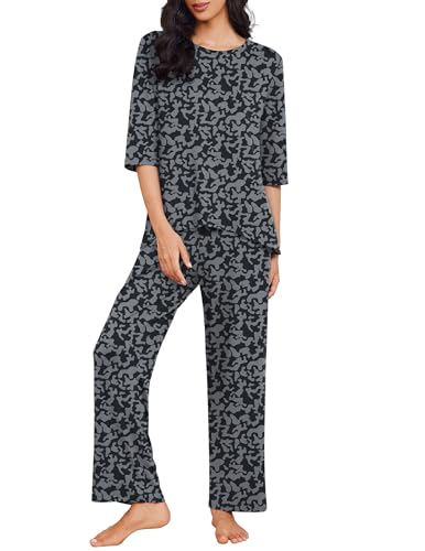 Ekouaer Womens Pajamas Set 2 Piece 3/4 Sleeve Tops Long Pants Pj Set - color: Black Leopard, size: Medium