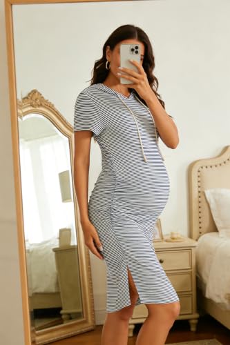 Women's Maternity Hoodie Dress Short Sleeve Split Side Ruched Pregnancy Clothes - color: Pinstripe, size: Large