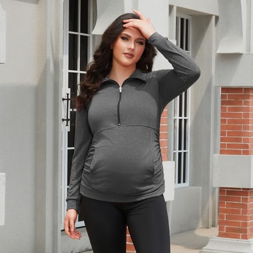 GINKANA Maternity Women's Long Sleeve Shirt Half Zipper Lapel Lightweight Casual Maternity Pullover with Pockets - color: Deep Grey, size: Medium