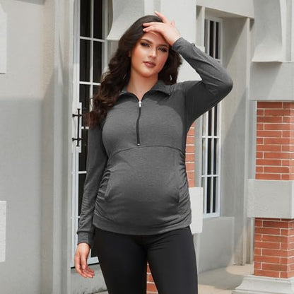 GINKANA Maternity Women's Long Sleeve Shirt Half Zipper Lapel Lightweight Casual Maternity Pullover with Pockets - color: Deep Grey, size: Medium