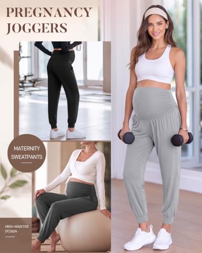 Neer 3 Pack Maternity Joggers Lounge Sweatpants with Pockets - color: Black, Dark Gray, Light Gray, size: Medium