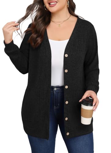Lastshe Women Plus Size Cardigan Fall Thin Sweaters with Pockets 1X-5X - color: 01 Black, size: 1X