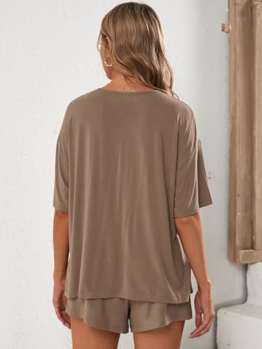 Verdusa Women's Maternity Pajama Set 2 Piece Drop Shoulder Top and Short Lounge Sets - color: Dark Brown, size: Medium