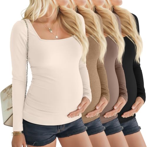 4 Pcs Womens Maternity Long Sleeve Square Neck Shirts - color: Beige, Camel, Coffee, Black, size: Small