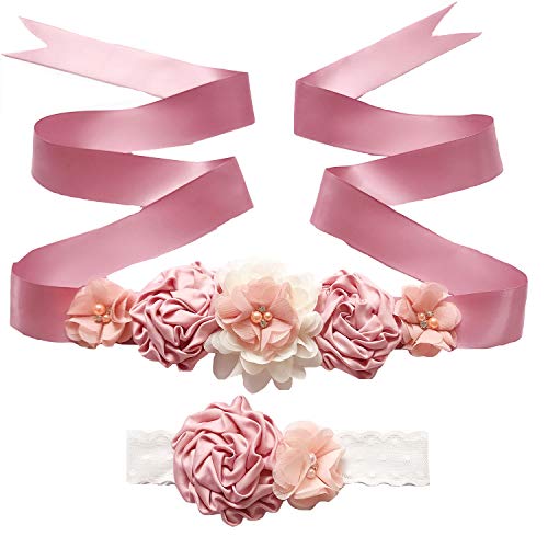 Lauthen.S Maternity Flower Sash Belt Headband Set, Women Girls Wedding Baby Shower Sash - color: Dusty Pink/Peach