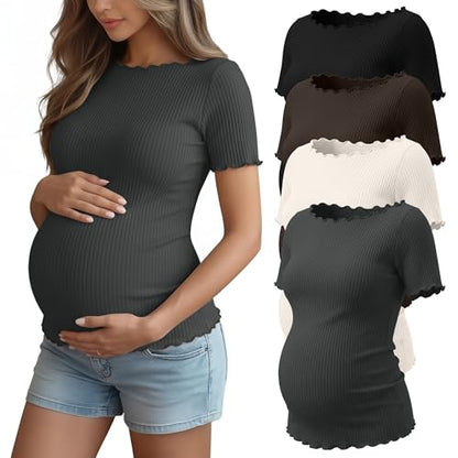 4 Pack Women's Maternity Ribbed Shirts - color: Black, Brown, Cream, Dark Gray, size: Small