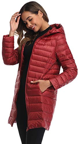Obosoyo Women's Winter Packable Down Jacket Plus Size Ultralight Long Down Outerwear Puffer Jacket Hooded Coat - color: Winered, size: Large