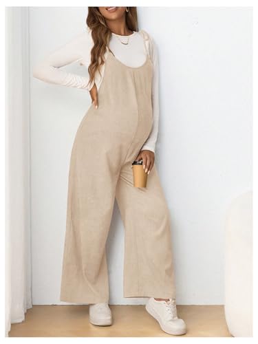 OYOANGLE Women's Maternity Overalls Spaghetti Strap Pregnancy Jumpsuits - color: Apricot, size: Large