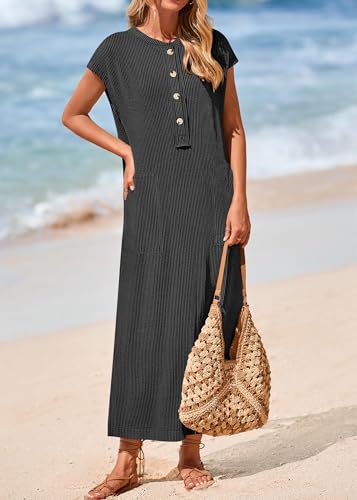 KIRUNDO Womens Summer Ribbed Knit Short Sleeve Maxi Dress - color: Black, size: XX-Large