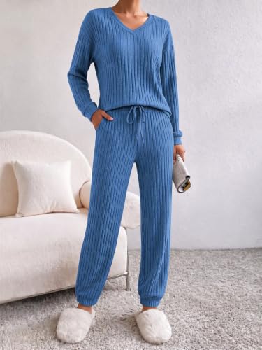 Ekouaer Lounge Sets for Women Long Sleeve Ribbed Knit Pajama Set - color: Blue, size: Small