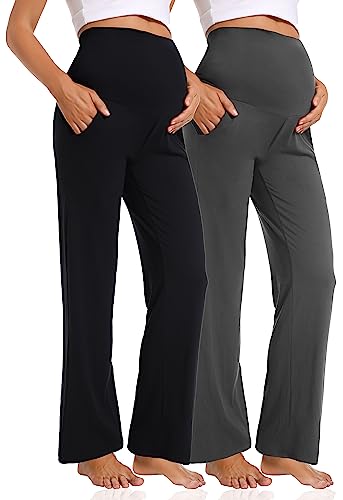 Foucome Women's Maternity Pants Wide Leg Pregnancy Work Pants - color: 2 Pack Black+grey, size: Small