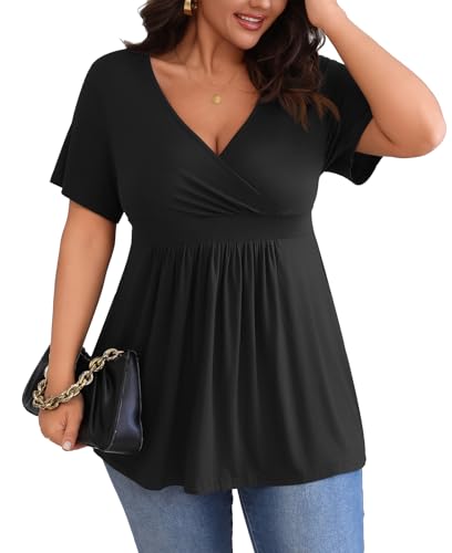 POSESHE Womens Plus Size Tops 2026 Summer Short Sleeves Tunic Tops - color: Black, size: X-Large Plus