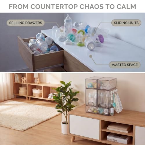 5 pack baby bottle storage organizer - clear acrylic stackable storage drawers with handles for baby bottles, kitchen countertop, pantry and vanity