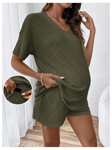 MakeMeChic Women's Maternity 2 Piece Sets Ribbed Shirt and Biker Shorts - color: Olive Green, size: Small
